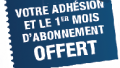 Bandeau bleu annonçant l'offre promo : l'adhésion et 1 mois d'abonnement offert